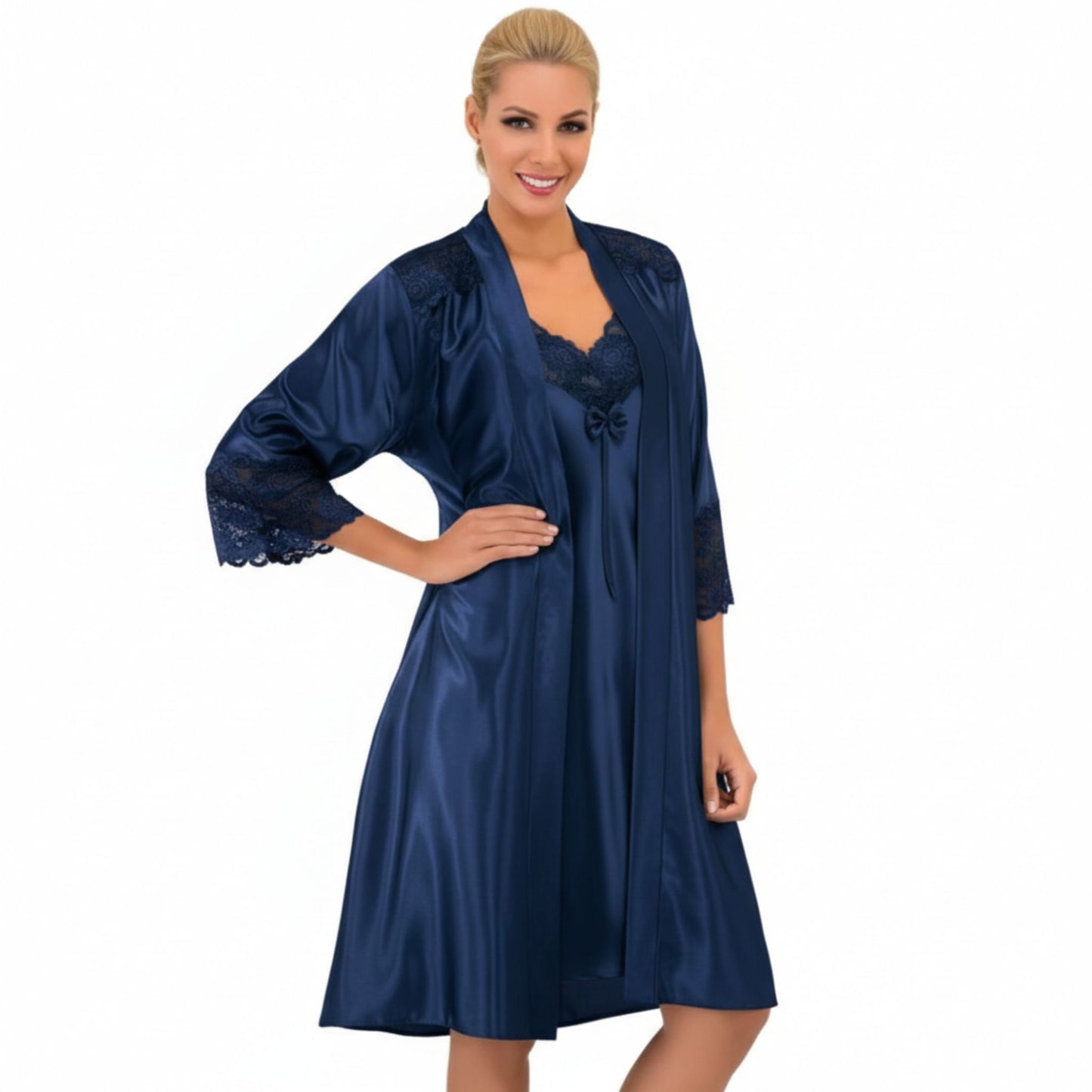 Romantiškas naktinukės ir chalato komplektas, atlasas, mėlyna (XL-3XL)