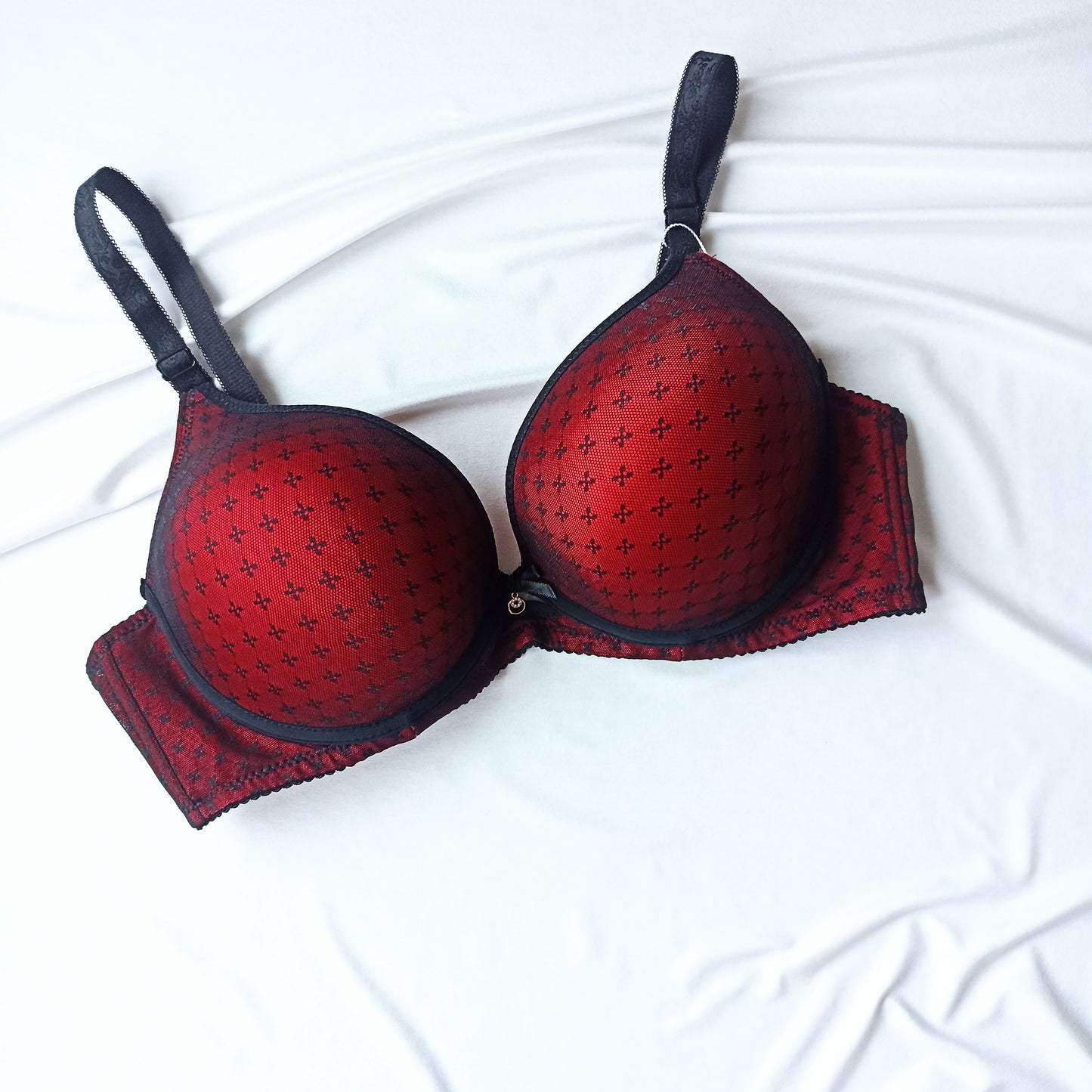 Elegantiška liemenėlė su push up ir aukšto juosmens kelnaitės, juoda-raudona (95-100D/XL)