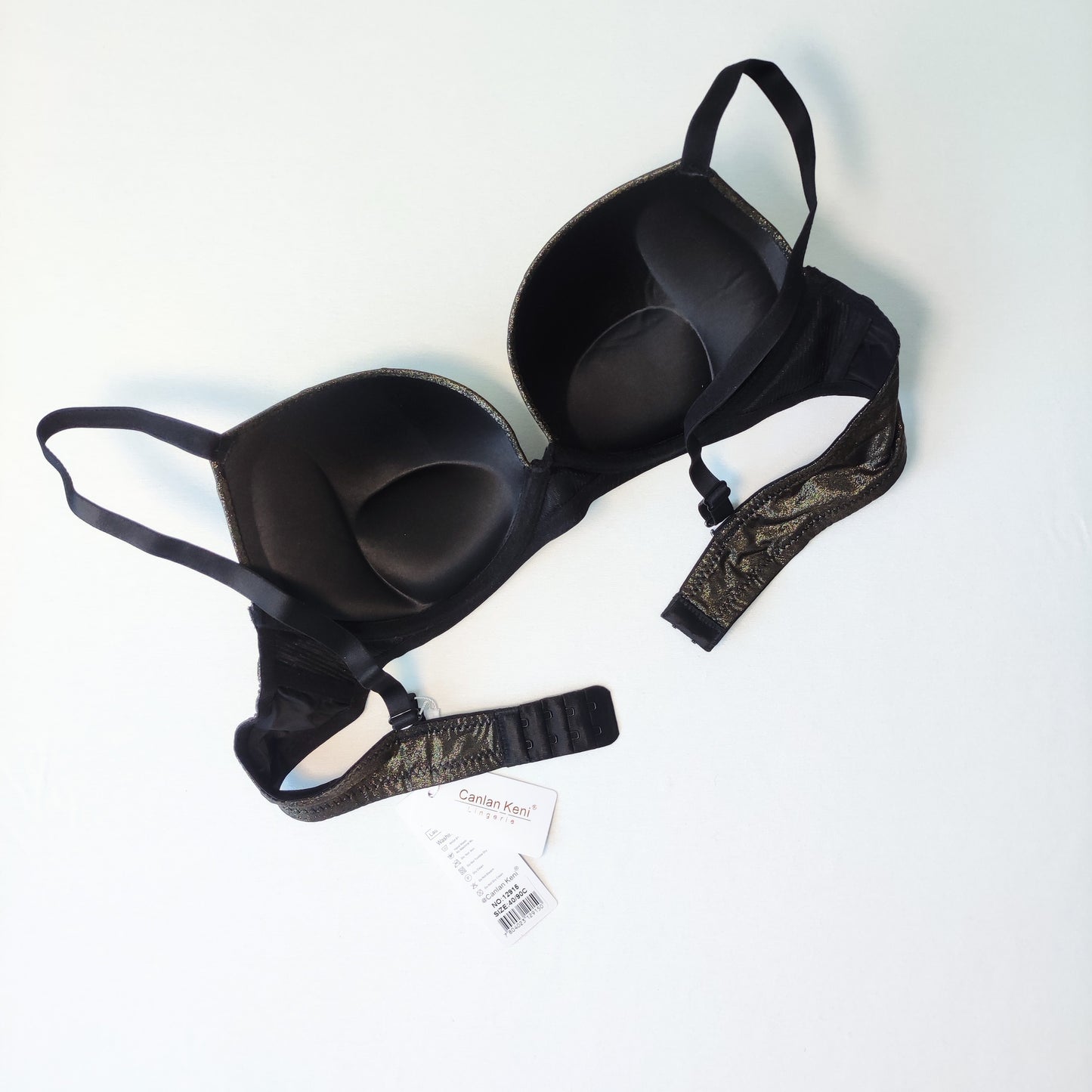Puošni ir stilinga push-up liemenėlė su blizgesiu, juoda, aukso (80-90B)