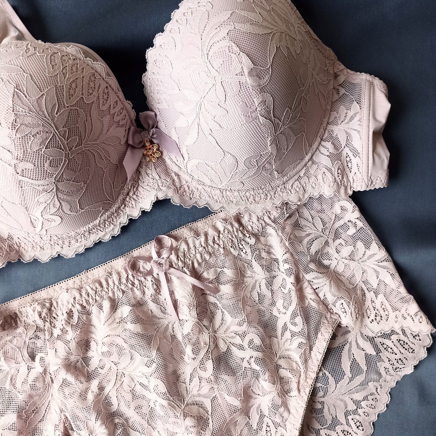 Nėriniuotos liemenėlės ir kelnaičių komplektas, pudra (100-110E/2XL-4XL)