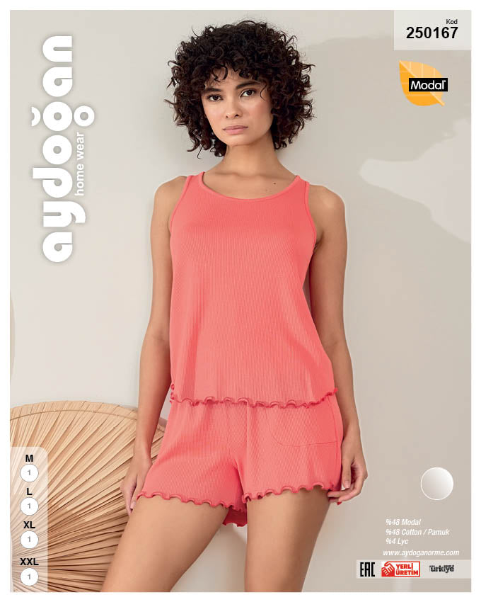 Komfortiška dviejų dalių pižama moterims (su šortais), medvilnė, koralo rusva (M-XXL) (Copy)