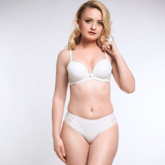 Komfortiška lygi push-up liemenėlė ir derančios kelnaitės, pieno balta (75-95B/S-XL)