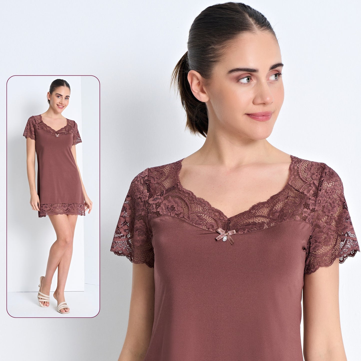 Romantiski naktinukai su nėriniais, rūda šokoladinė (M-XL)