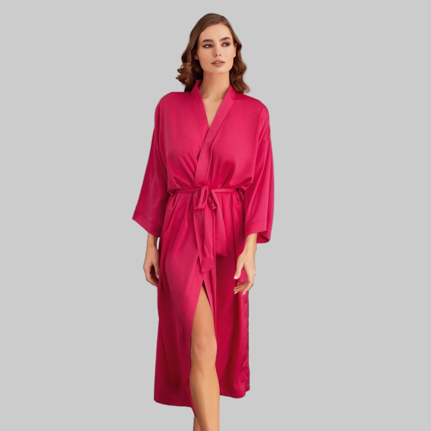 Ilgas šilkinis chalatas, avietinė rožinė (M-XL)