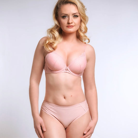 Pakietinta lygi push-up nėriniuota liemenėlė ir derančios kelnaitės, švelniai rausva (75-80B/S-XL))
