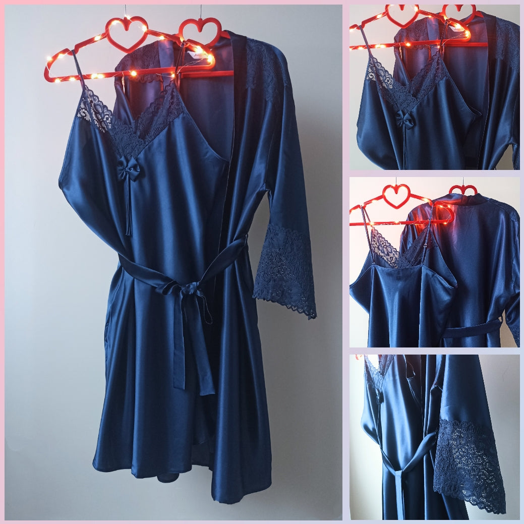 Romantiškas naktinukės ir chalato komplektas, atlasas, mėlyna (XL-3XL)